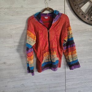 Greater Good Network Hippie Patchwork Zip Up Womens SZ L/XL Rainbow